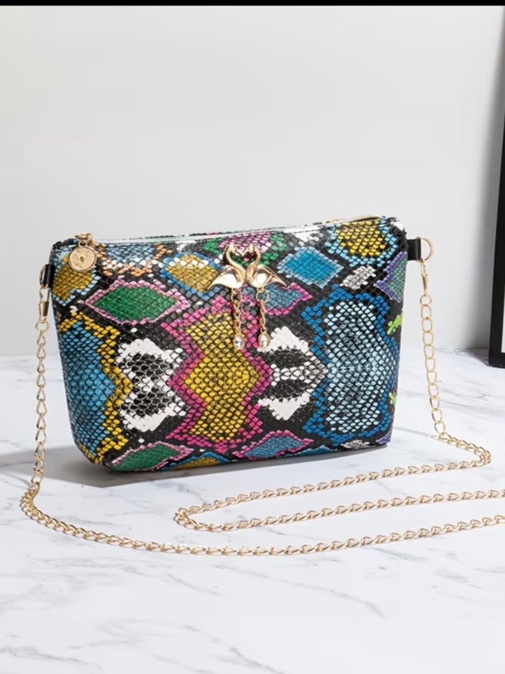 Affordable Fashion Finds Multicolor Snake-Print Crossbody with Gold Chain